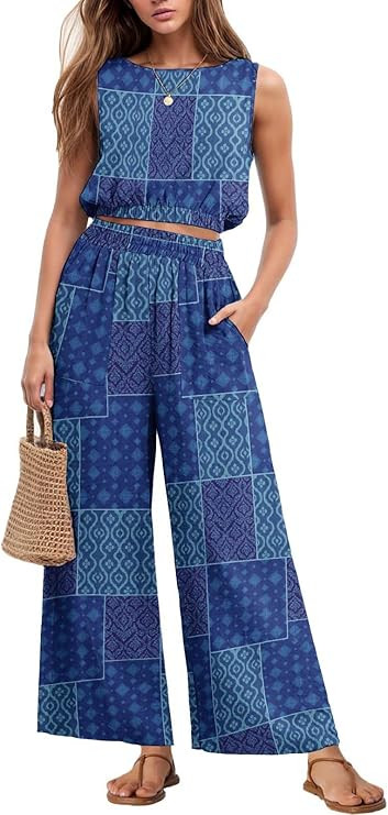 GRECERELLE Two Piece Sets for Women Sleeveless Crop Top Wide Leg Pants Sweat Set for Women Tracks... | Amazon (US)