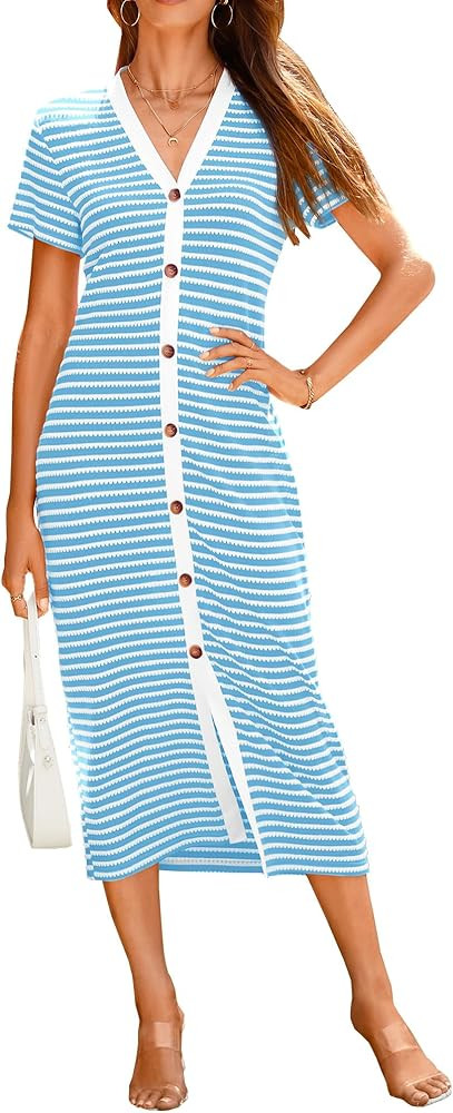 BTFBM Women Casual Summer Dresses Short Sleeve Striped Midi Dresses Decorative Button Ribbed Knit... | Amazon (US)