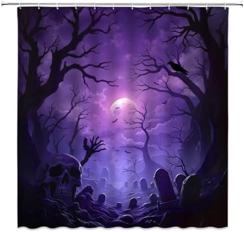Spooky Halloween Shower Curtain Purple Misty Forest Scary Skull Graveyard | Amazon (US)