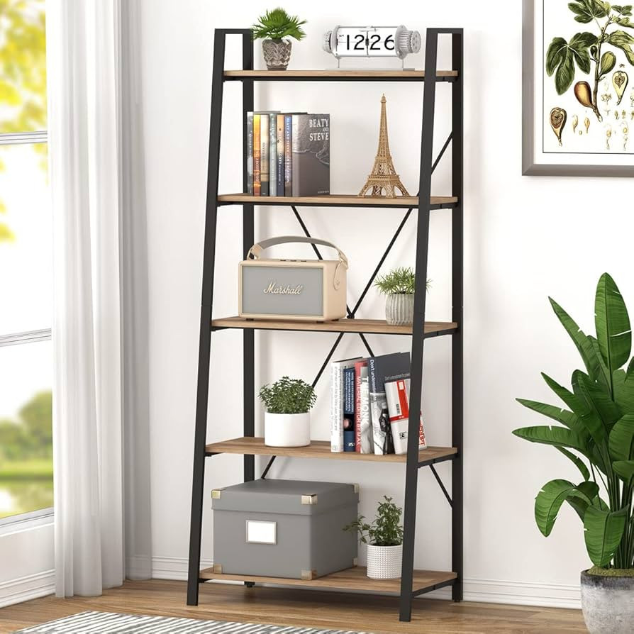 BON AUGURE Industrial 5 Tier Ladder Bookshelf, Wood and Metal Ladder Shelf Bookcase, Farmhouse Le... | Amazon (US)