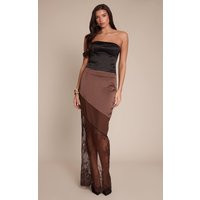 Chocolate Satin Contrast Chiffon Lace Maxi Skirt | PrettyLittleThing US
