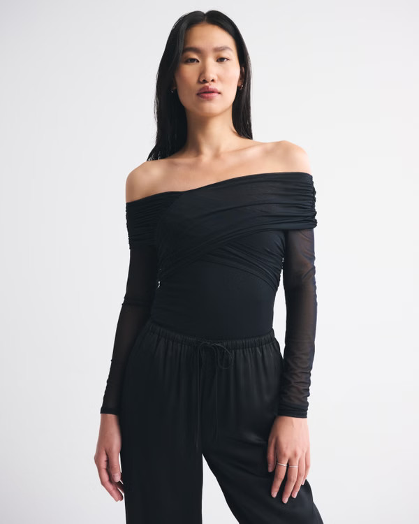 Long-Sleeve Asymmetrical Wrap Bodysuit | Abercrombie & Fitch (US)