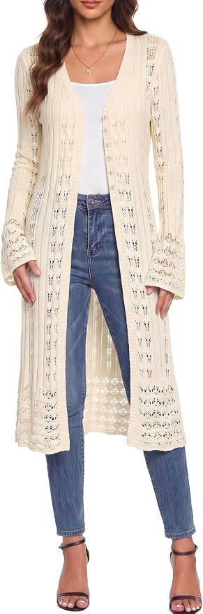 Sidefeel Womens Long Cardigans Crochet Duster Button Up Bell Long Sleeve Trendy Fall Lightweight ... | Amazon (US)