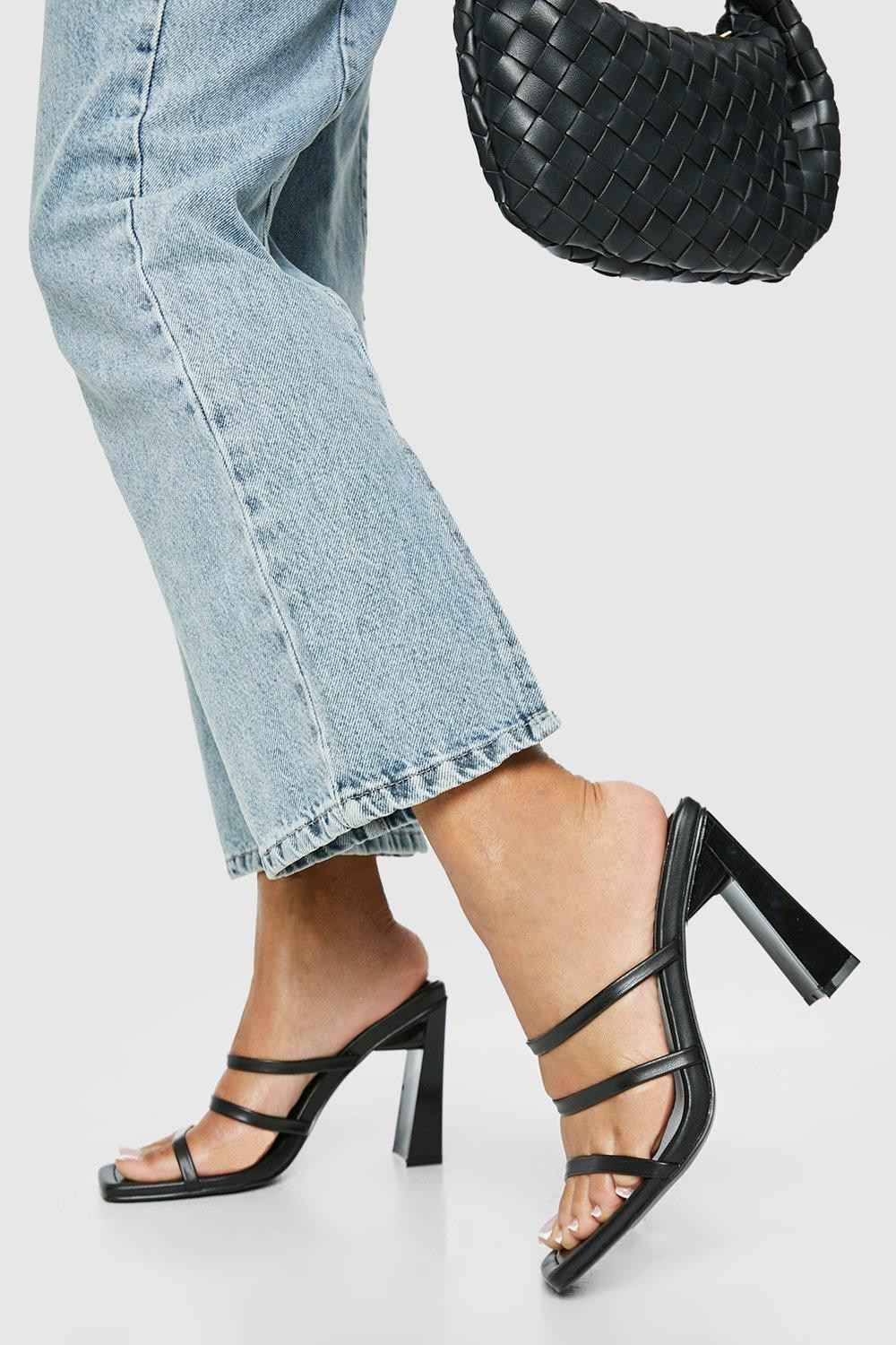 Womens Triple Strap Heeled Mule - Black - 7 | Boohoo.com (US & CA)
