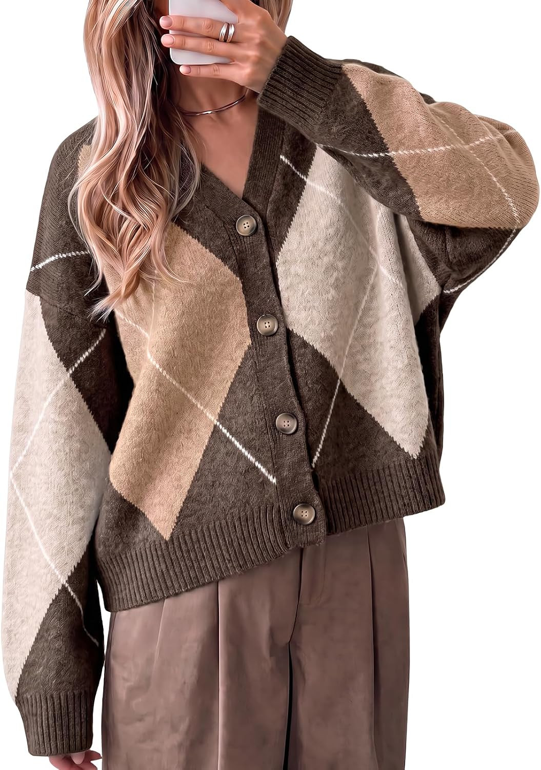 Cicy Bell Women Plaid Color Block Cardigan V Neck Long Sleeve Knit Sweater | Amazon (US)