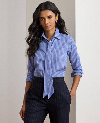 Women's Classic Fit Striped Tie-Neck Shirt | Macy's