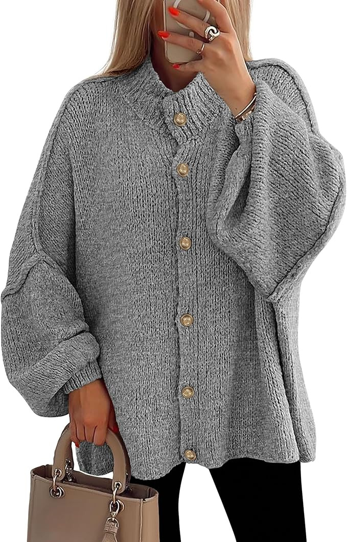 PRETTYGARDEN Women's Winter Button Down Cardigan Sweaters Mock Neck Lantern Long Sleeve Chunky Kn... | Amazon (US)