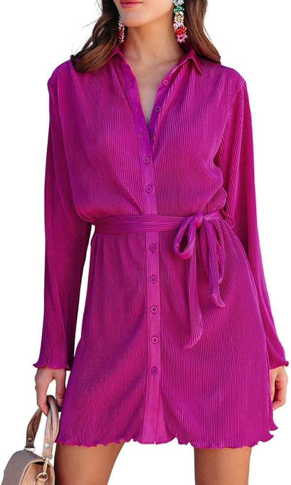 Dokotoo Womens 2024 Spring Collared V Neck Button Down Dresses Long Sleeve Tie Waist Pleated Casu... | Amazon (US)