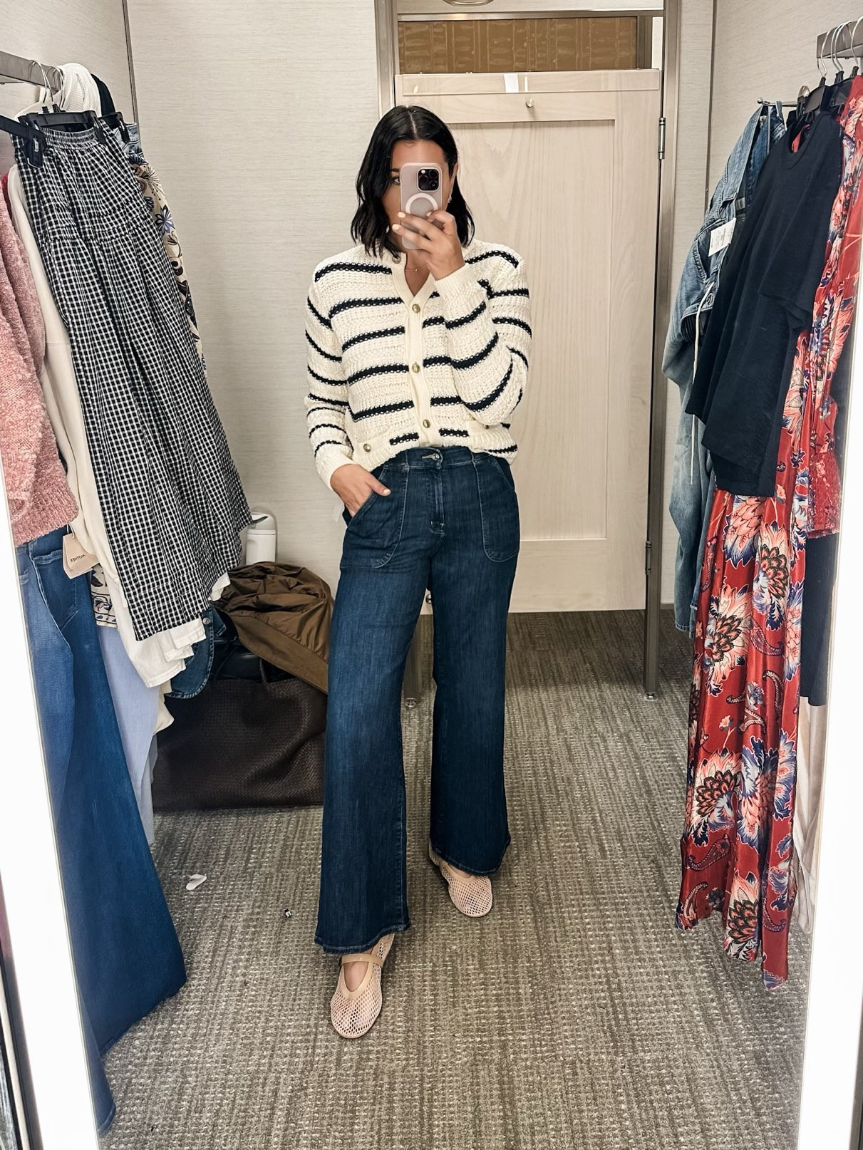 This adorable cardigan is still in stock and on sale! I am in the medium — fit is perfect. Wouldn’t change a thing! It’s a nice weight, will be perfect for the cooler months of winter / early spring.


This pair from Frame is also back in stock in a few sizes! I am in the 29, fit is perfect for me. They run slightly generous and I love that, especially in the waist / hips. They lay flat / straight on my hips which creates a really nice and flattering silhouette for me. Again, if you have a more lax work style, this is a nice pair for that! You can still dress them up with heels (suggested) but again it’s denim, so there is a casualness to it.
 

 