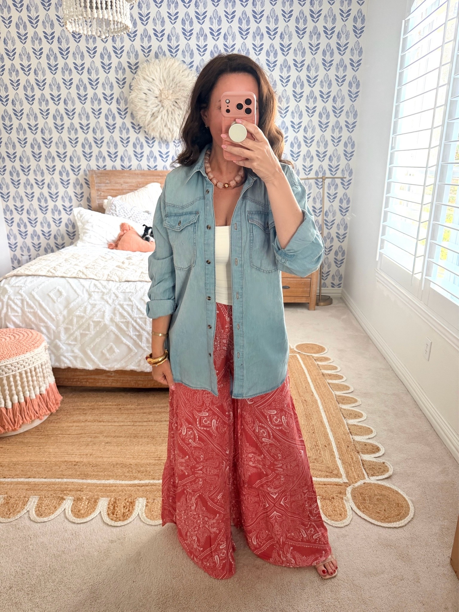 Size down in these adorable boho pants and this oversized boyfriend button down. Wearing an xs in the shirt, small in the pants.
.

#LTKootd #LTKmomlife #LTKSeasonal