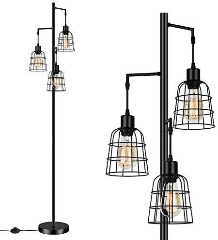 Industrial 3-Light Tree Floor Lamp with Cup-Shaped Cages Farmhouse Rustic Tall Standing Lamp for ... | Amazon (US)