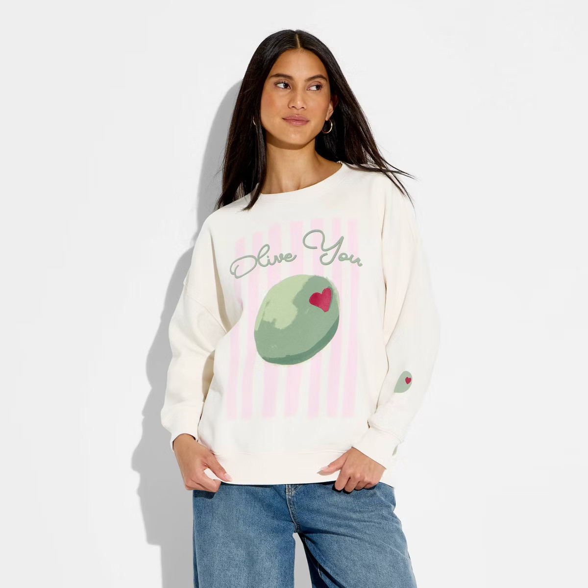 Women's Olive Fleece Graphic Pullover Sweatshirt - Cream | Target