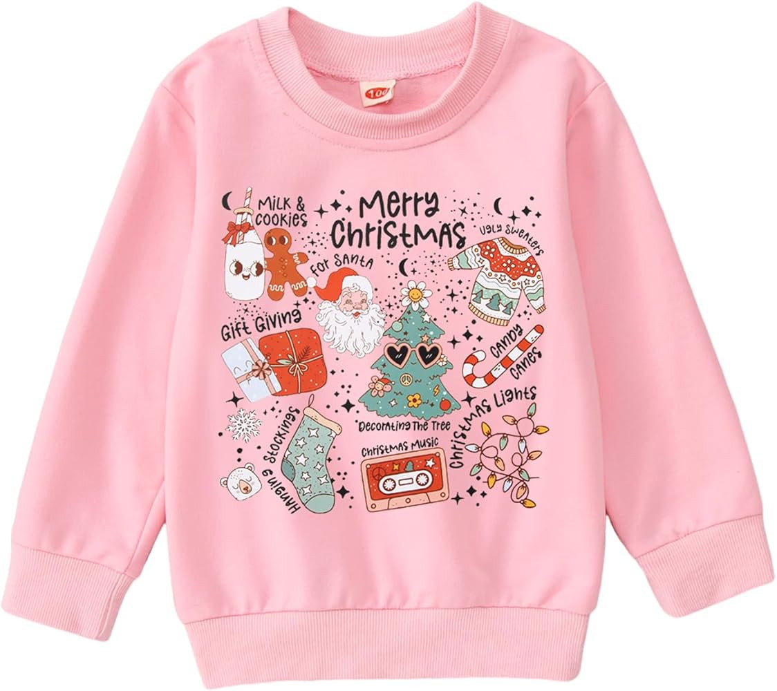 BOUTIKOME Girls Christmas Sweatshirt Kids Merry Christmas Shirt Cute Xmas Doodle Graphic Crewneck... | Amazon (US)