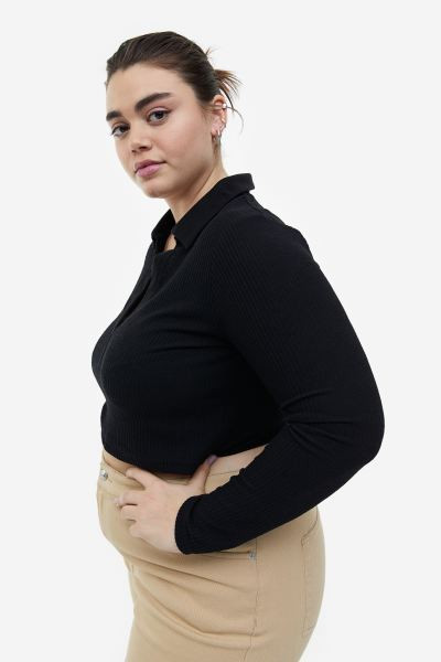 H&M+ Top de canalé con cuello - Negro - MUJER | H&M ES | H&M (FR, IT, ES, PT, BE)