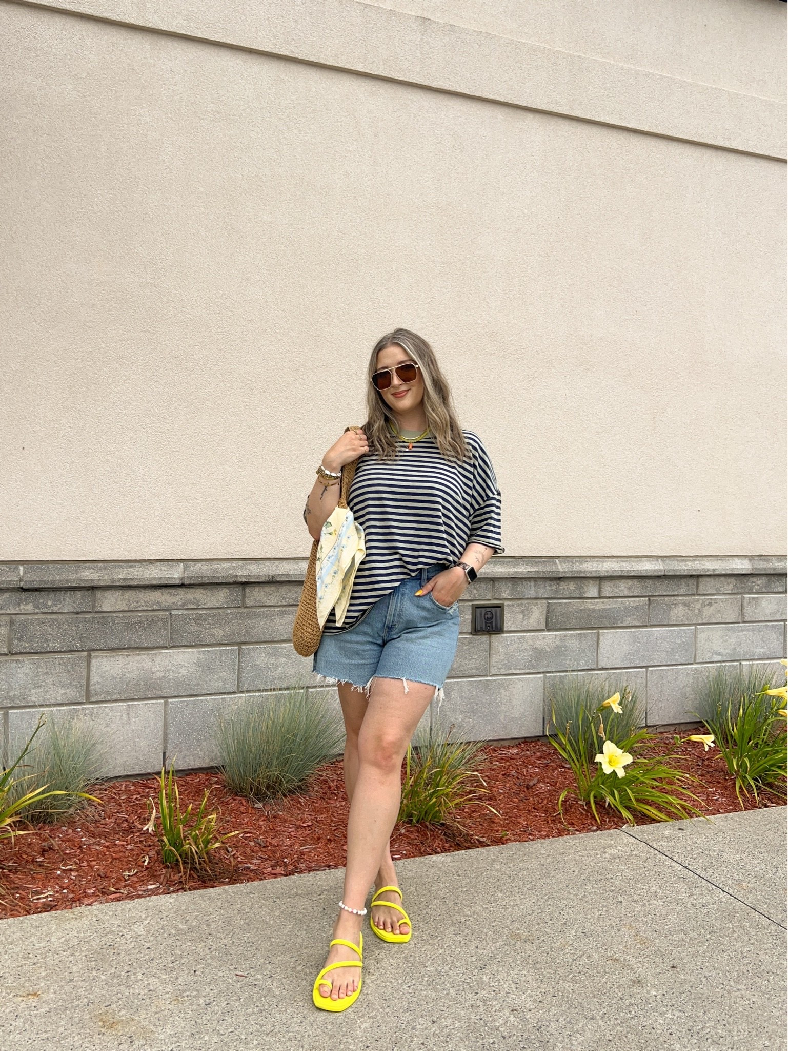 Comfy summer outfit! Wearing L in the striped tee, sized up to 32 in the denim shorts for a loose fit. I’m a 9.5-10 shoe and wear a 10 in the crocs sandals

#LTKsale #LTKmidsize #LTKsummer