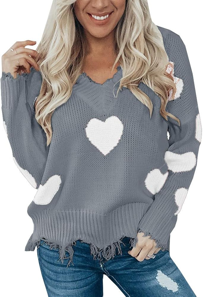 Women's Heart Pattern Ripped Sweater V Neck Distressed Knit Pullover Jumper Top | Amazon (US)