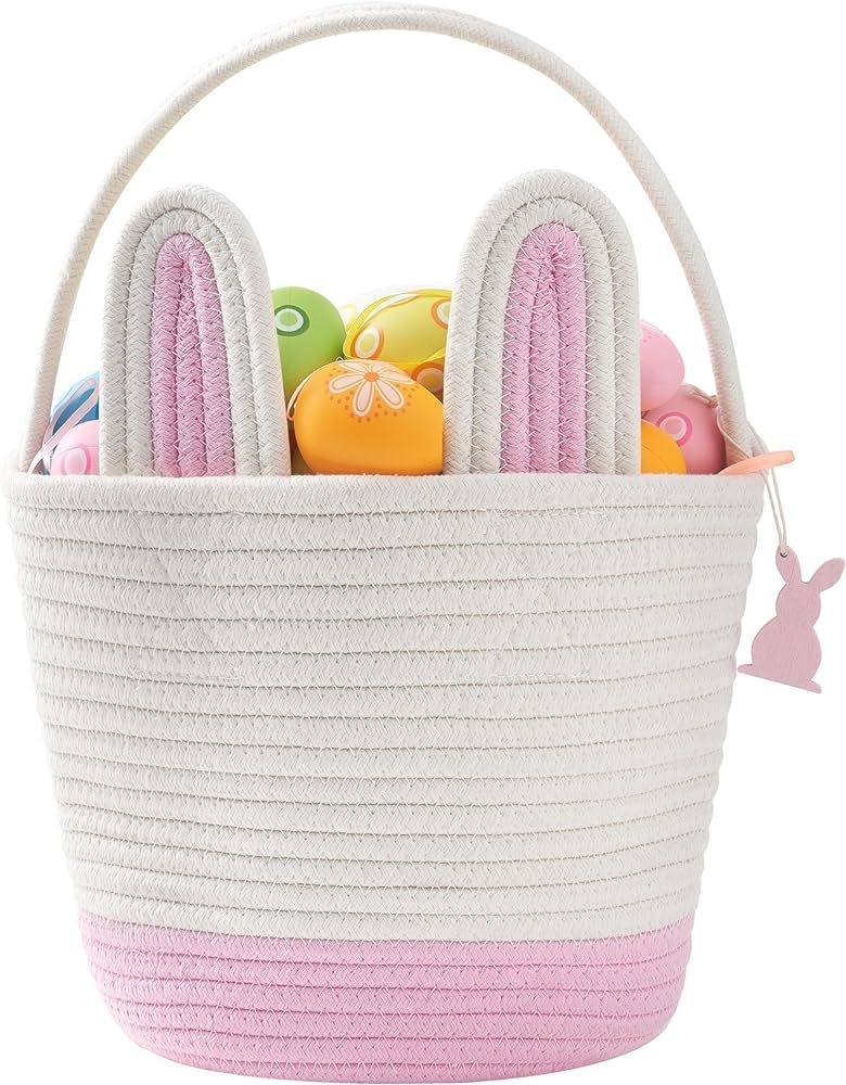 Easter Baskets for Kids - Pink Large Woven Bunny Easter Basket Empty with Handle - Kids Egg Easte... | Amazon (US)