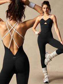 VARSIVA Women's Contrast Color Backless Criss-Cross Design Jumpsuit | SHEIN
