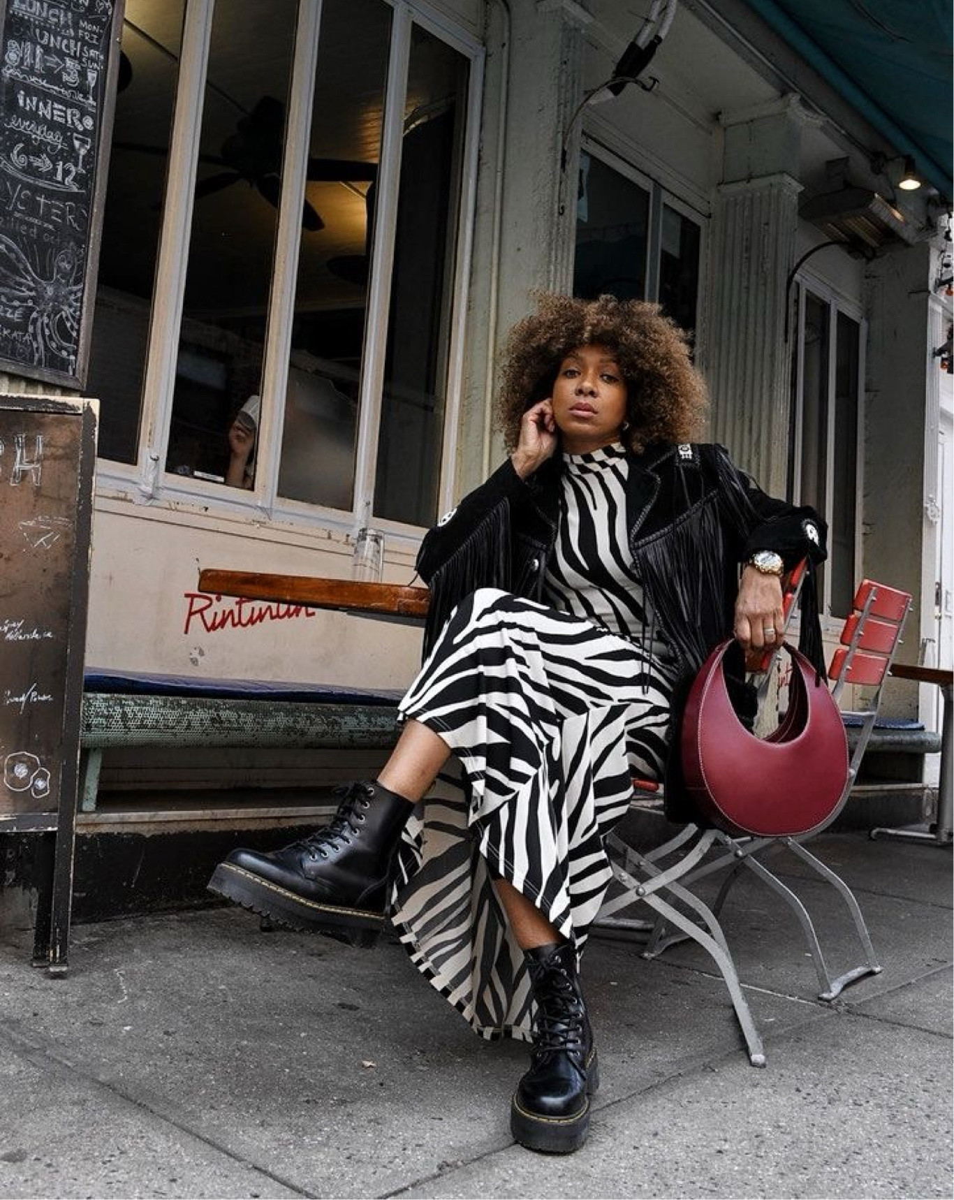 2025 fashion trend-zebra print 
Midi zebra print dress
Ankle boots 
Burgundy moon bag 
Black Fringe suede jacket 

#LTKStyleTip #LTKSeasonal #LTKBeauty