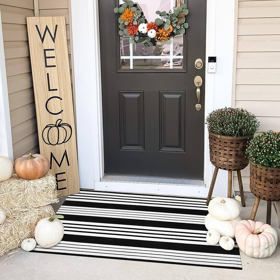 OJIA Fall Front Door Mats Outdoor 27.5x43 Inches, Black and White Outdoor Rugs Cotton Woven Front... | Amazon (US)