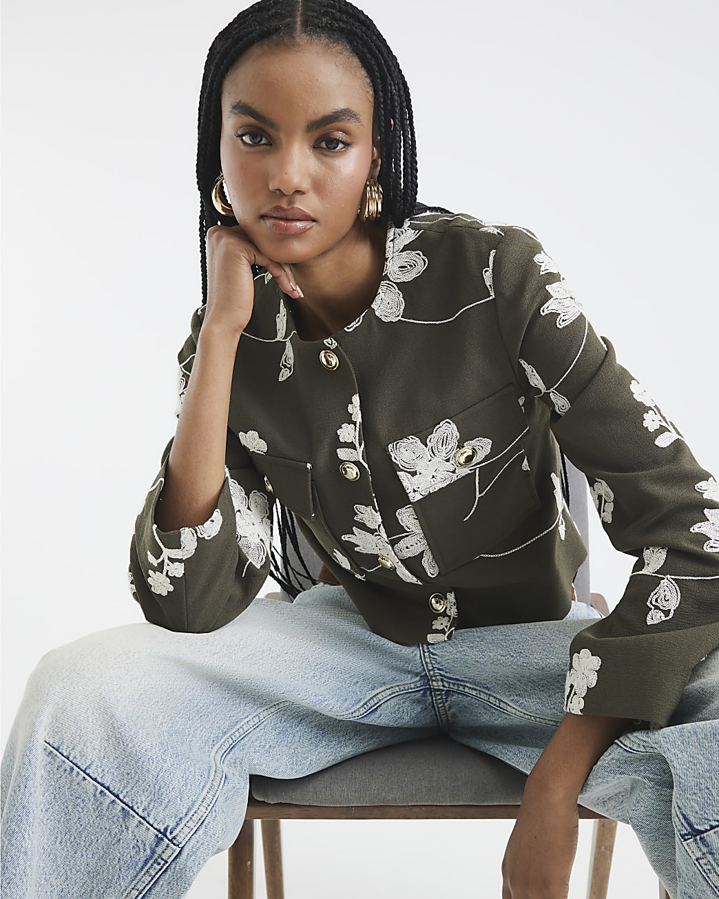 Khaki Embroidered Collarless Jacket | River Island UK & IE