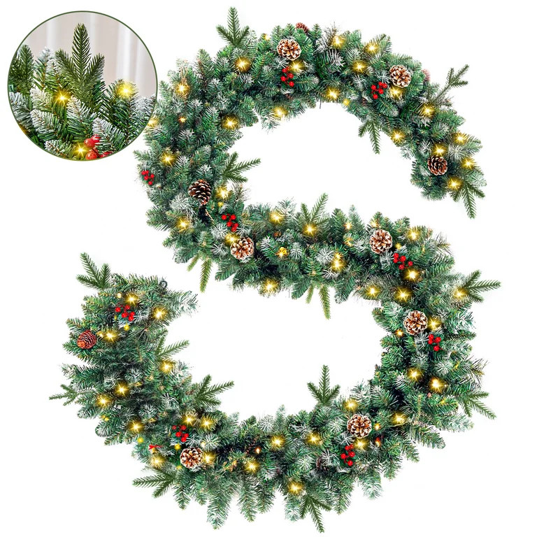 2 Pack 9ft Pre-Lit Christmas Garland with Warm White LED Lights, 8 Modes, Red Berries and Frosted... | Walmart (US)