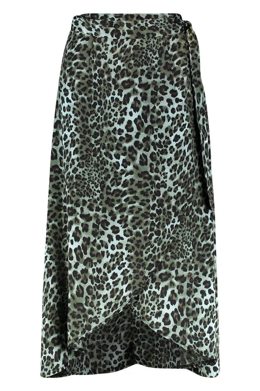 Satin Green Leopard Wrap Midi Skirt | Boohoo.com (US & CA)