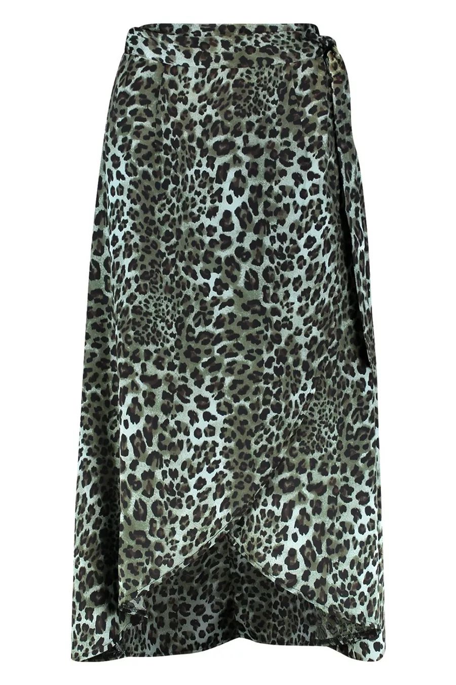 Satin Green Leopard Wrap Midi Skirt | Boohoo.com (US & CA)