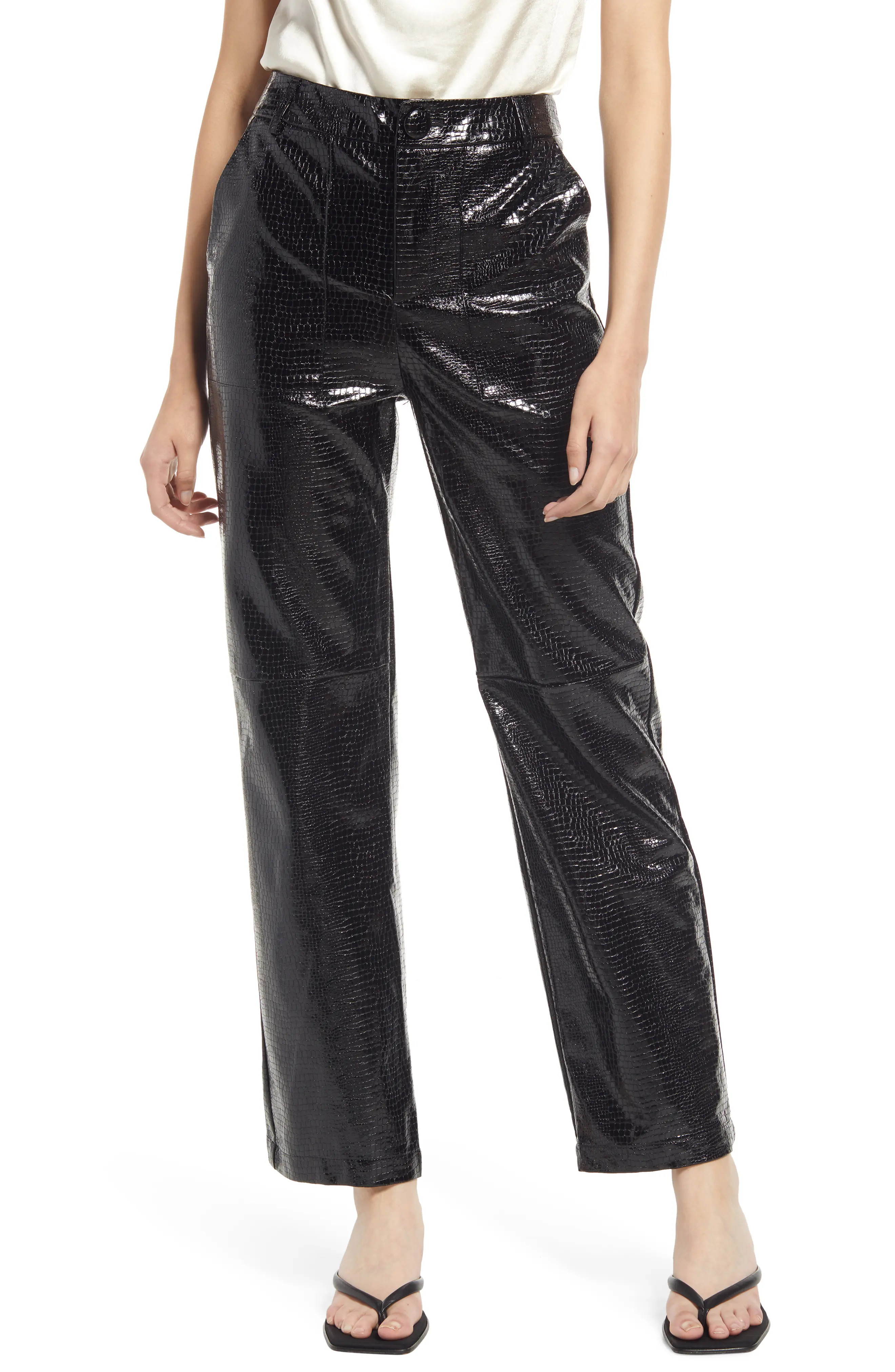 4th & Reckless Wilcox Croc Embossed Wide Leg Faux Leather Pants, Size Small in Black Patent Croc at  | Nordstrom