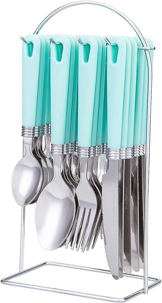 Cutiset 25 piece Stainless Steel Flatware Set with Hanging Caddy (Green, 25-Piece) | Amazon (US)