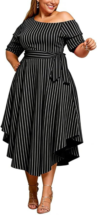 Plus Size Women Wedding Guest Dress Off Shoulder Boat Neck Irregularly Flowy Midi Church Dress | Amazon (US)