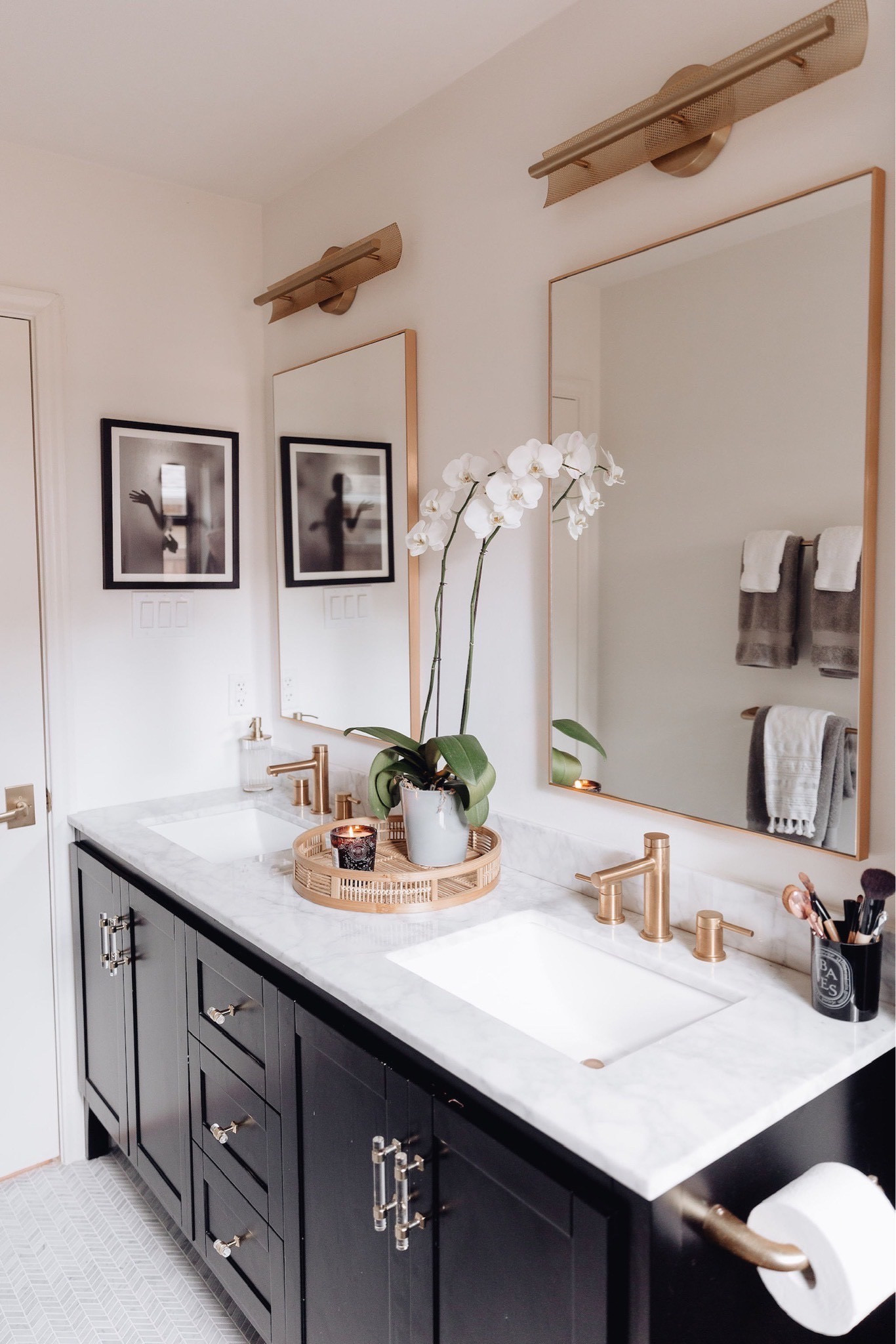 Bathroom // bathroom decor, bath, powder room, home decor, modern home decor, mirror, floating shelves, shelving, vanity, wall art, modern art, decorating, towels, rugs, neutrals, neutral home, decor, modern, minimalist, minimalist style, wall hanging decor, boho decor, neutrals, interior, interior design 
