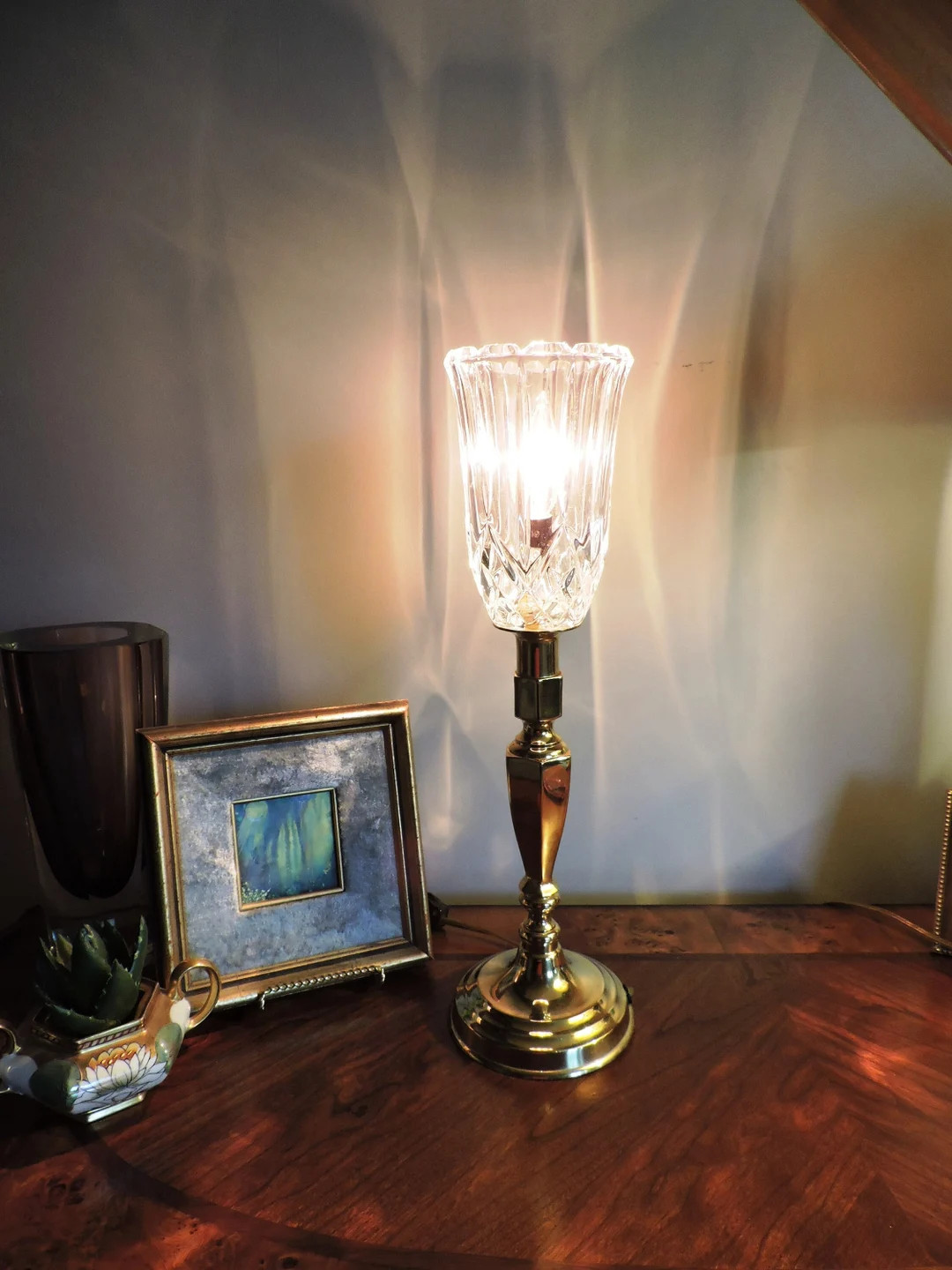 Vintage Torchiere Candlestick Electric Table Lamp Brass Hand Blown Crystal 17" | Etsy (US)