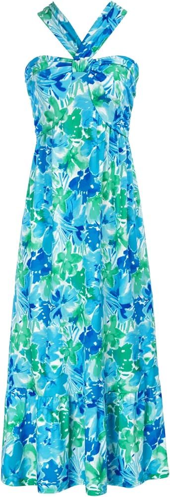2024 Summer Women's Criss Cross Halter Neck Sleeveless Floral Print Flowy A Line Maxi Dress Blue ... | Amazon (US)
