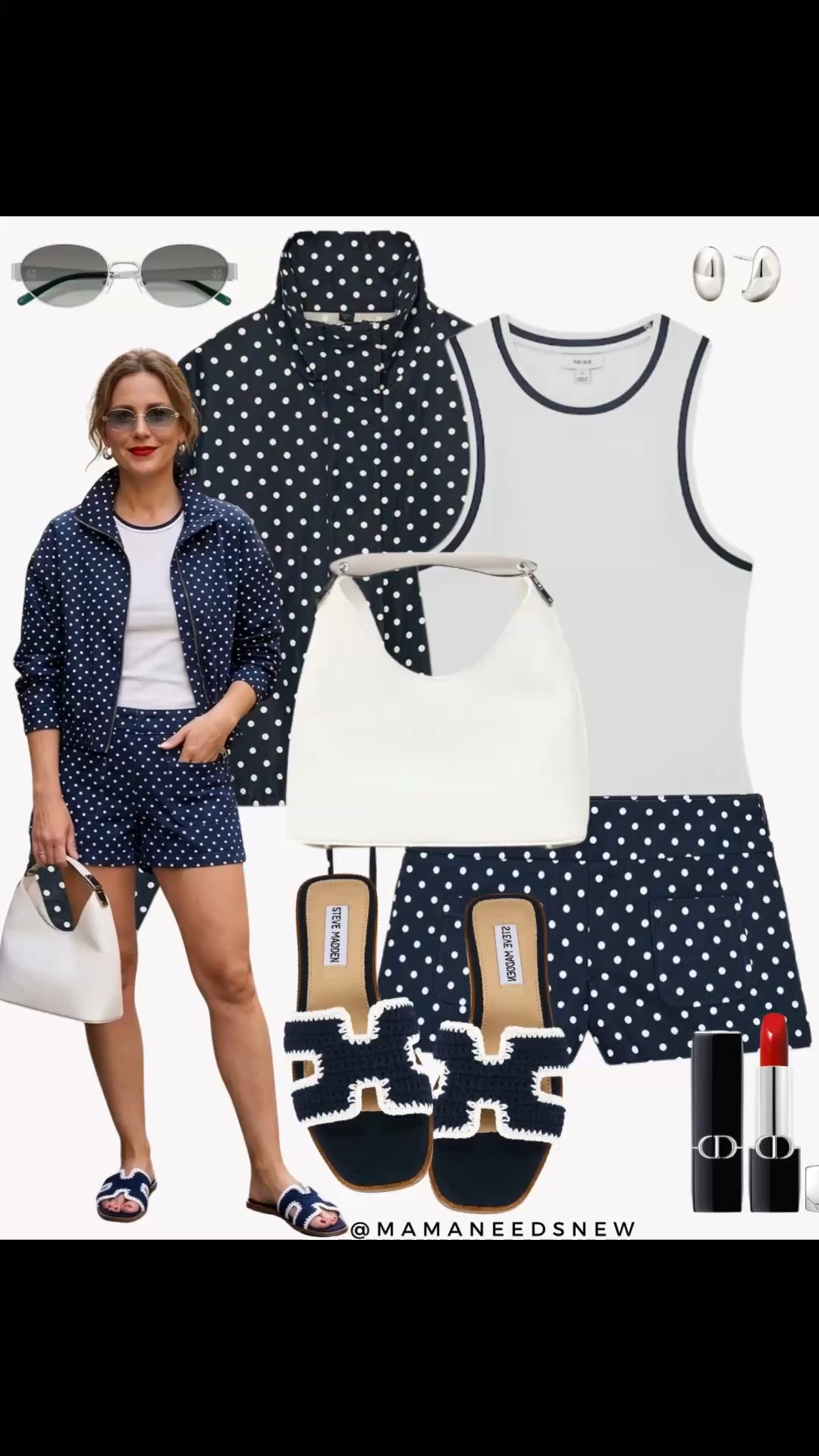 A late spring to summer outfit with a matching polka dot jacket and shorts set, tank top, top handle bag, crochet slide sandals 💙🤍

#LTKSeasonal #LTKSaleAlert #LTKootd