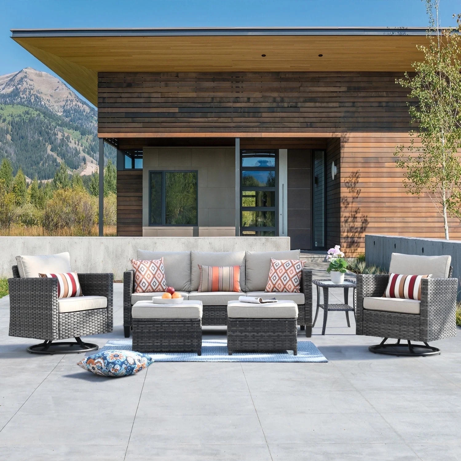 Ovios 6 Pieces Outdoor Patio Furniture with Swivel Chairs All-Weather Rattan Wicker Table and Cha... | Walmart (US)