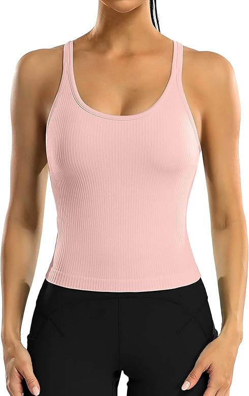 Amazon.com: ATTRACO Womens Yoga Racerback Tank Top with Built in Bra Crop Workout Athletic Top Pi... | Amazon (US)