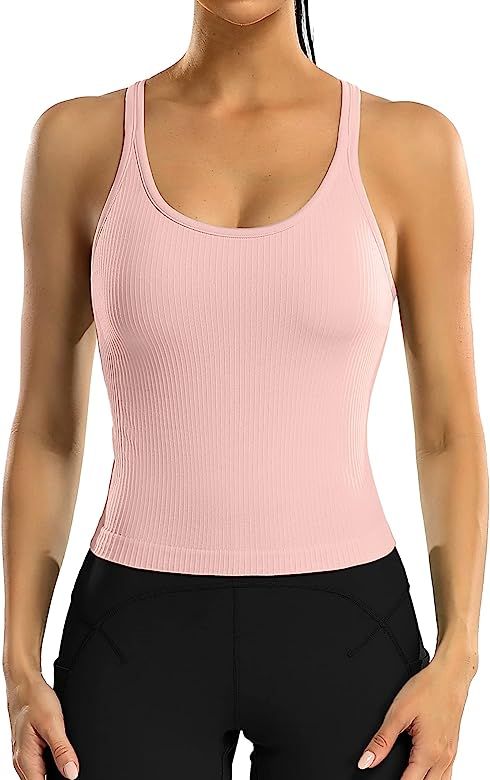 Amazon.com: ATTRACO Womens Yoga Racerback Tank Top with Built in Bra Crop Workout Athletic Top Pi... | Amazon (US)