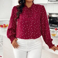Plus Size Womens Tie Neck Heart Print Long Sleeve Shirt | SHEIN