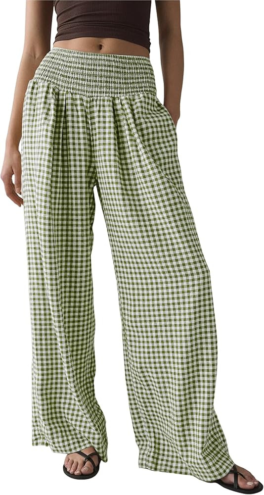 Qiaomai Women Casual Plaid Pants Elastic High Waist Wide Leg Lounge Pants Loose Trousers | Amazon (US)