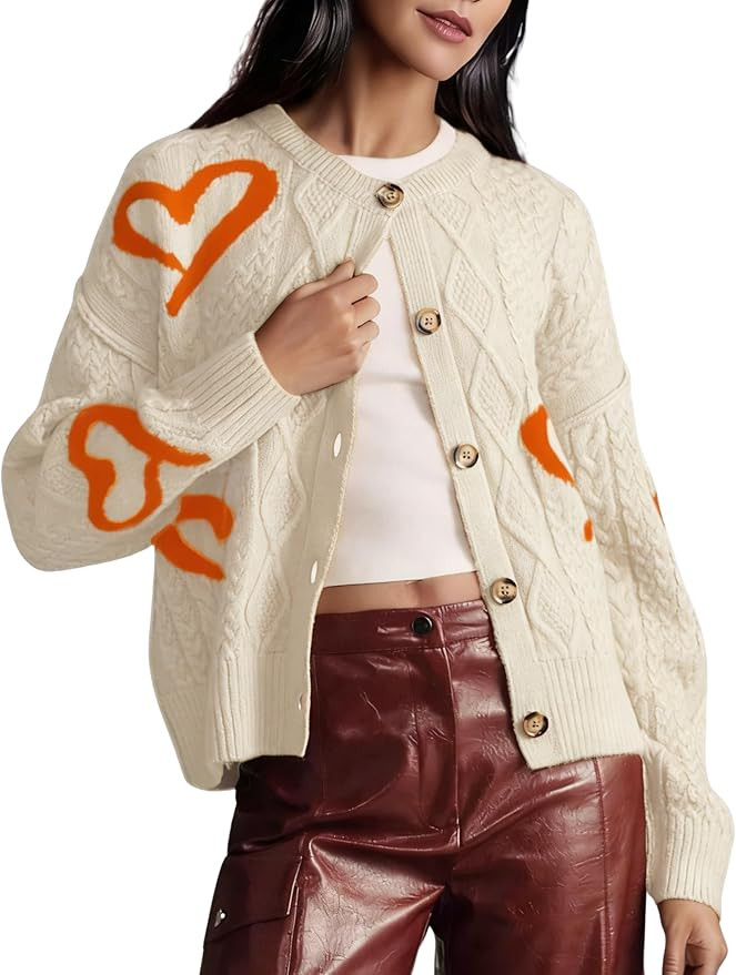 InterNos Women's Graphic Cable Knit Cardigans Sweater Vintage Open Front Crew Neck Long Sleeves K... | Amazon (US)