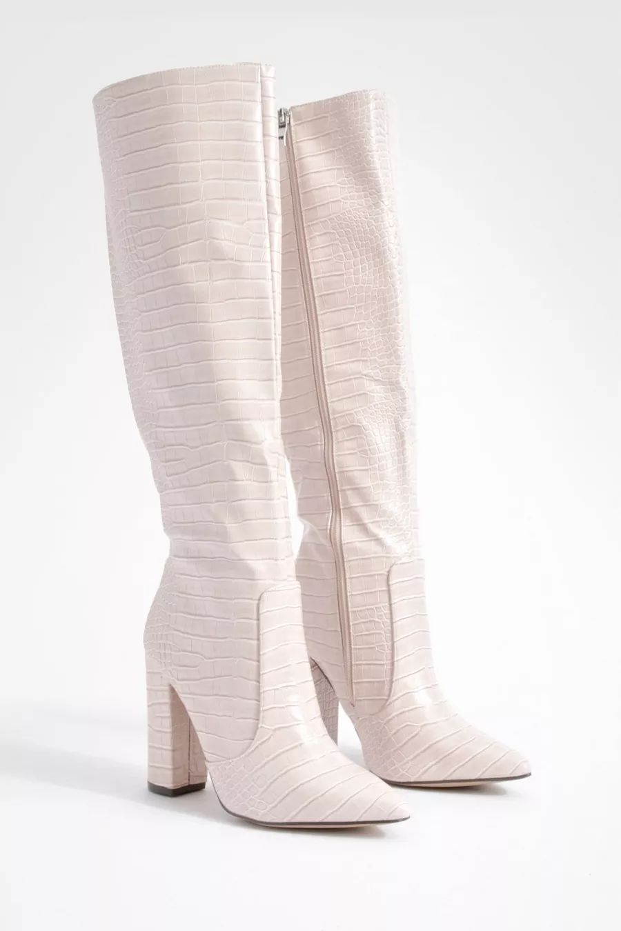 Croc Block Heel Knee High Boots | boohoo (US & Canada)
