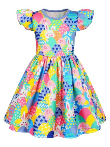 WonderBabe Easter Outfits for Girls Flutter Sleeve Bunny Rabbit Eggs Print Dress Casual A Line Ruffle Twirly Skater Dresses Size 5-6 Slate Blue | Amazon (US)