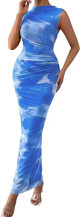 PRETTYGARDEN Summer Dresses for Women Sleeveless Bodycon Maxi Spring Mock Neck Tie Dye Mesh Cocktail Going Out Dress - Walmart.com | Walmart (US)