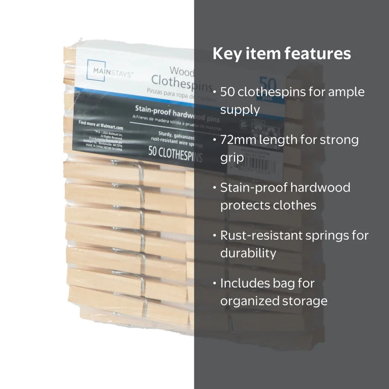 Mainstays 50-Count Moisture-Resistant Wooden Clothespins with Natural Finish | Walmart (US)