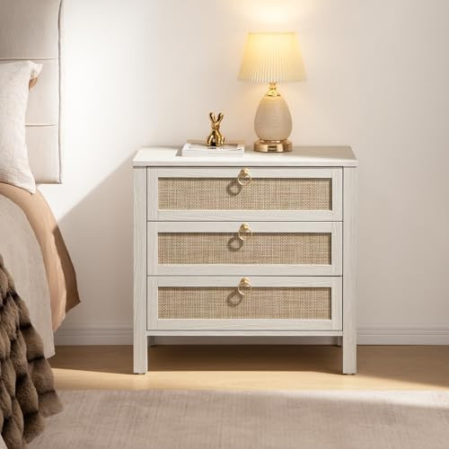 SICOTAS White Night Stand with Drawers - Large Rattan Bedside Table with Golden Handle, 3 Drawers Nightstand Side Table Boho Nightstand for Bedroom | Amazon (US)