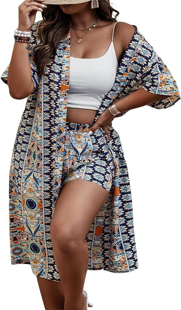 SOLY HUX Women's Plus Size 2 Piece Outfits Boho Print Open Front Half Sleeve Kimono and Shorts Se... | Amazon (US)