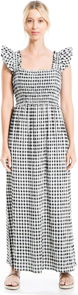 Max Studio Women's Flutter Sleeve Smocked Gingham Maxi Dress | Amazon (US)