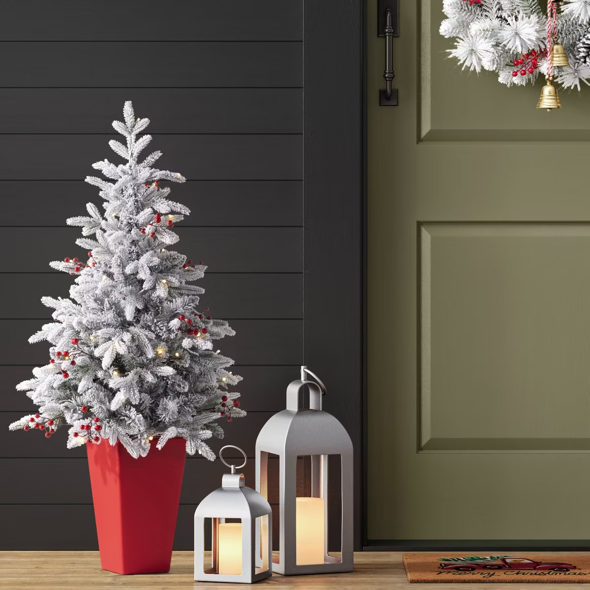 4' Pre-lit Flocked Balsam Fir with Red Berries Potted Mini Artificial Christmas Tree Warm White L... | Target