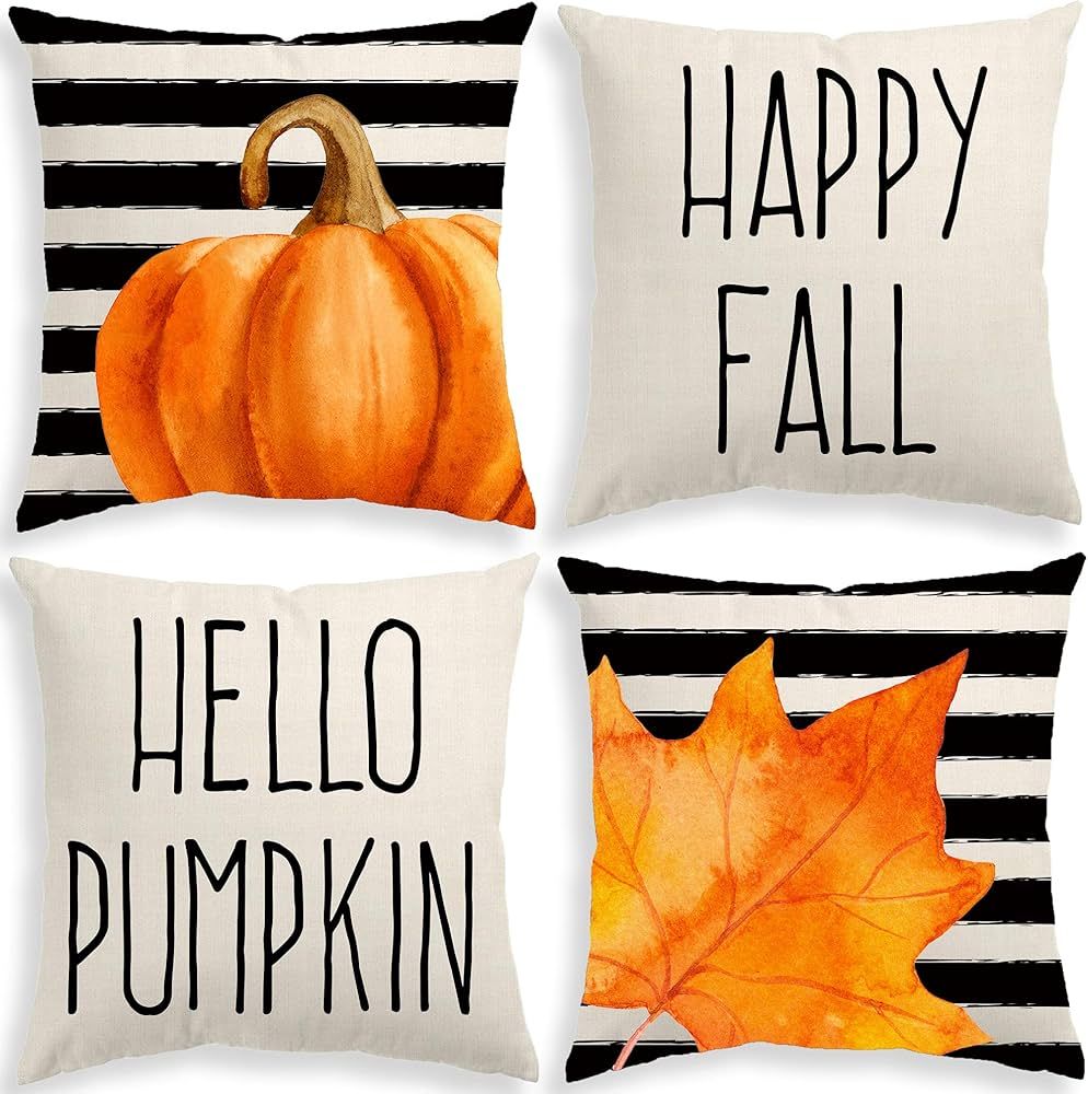 Elepeach Fall Decor Pillow Covers 18x18 inch Set of 4 Stripes Pumpkin Maple Leaf Happy Fall Outdo... | Amazon (US)